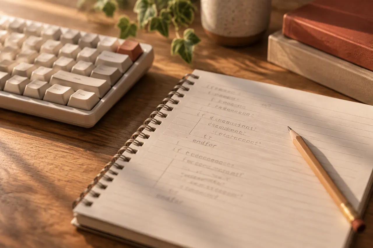 Computer Science study desk with laptop code editor and algorithm notes — Nexus Academy